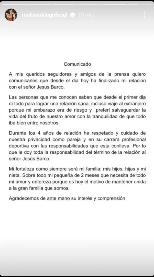 Melissa Klug comparte comunicado anunciando el fin de su relación con Jesús Barco. (Foto: Captura de pantalla/Instagram)