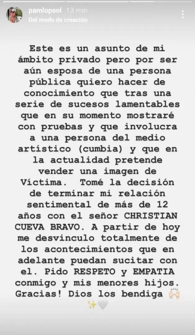 Comunicado de Pamela López. (Foto: Captura de pantalla/Instagram)